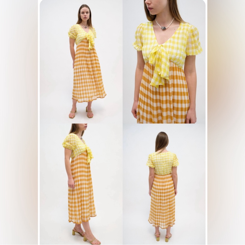Foxiedox Midori Midi Dress XL Pleated Lemon Caramel Gingham Check Puff Sleeve